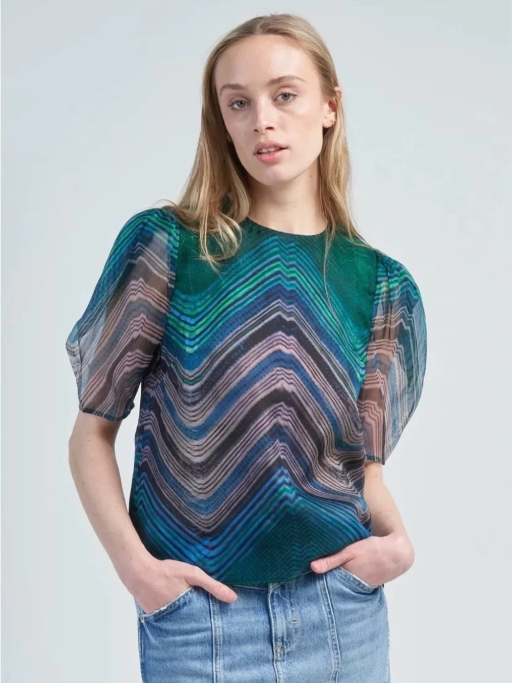 Ulla Johnson Sheer Chevron Wave Blouse in Green, Blue and Gray